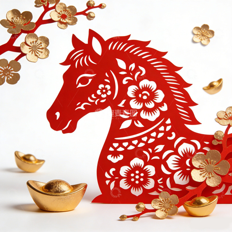 高清大图下载【趣麦麦图】红色剪纸马年装饰图案