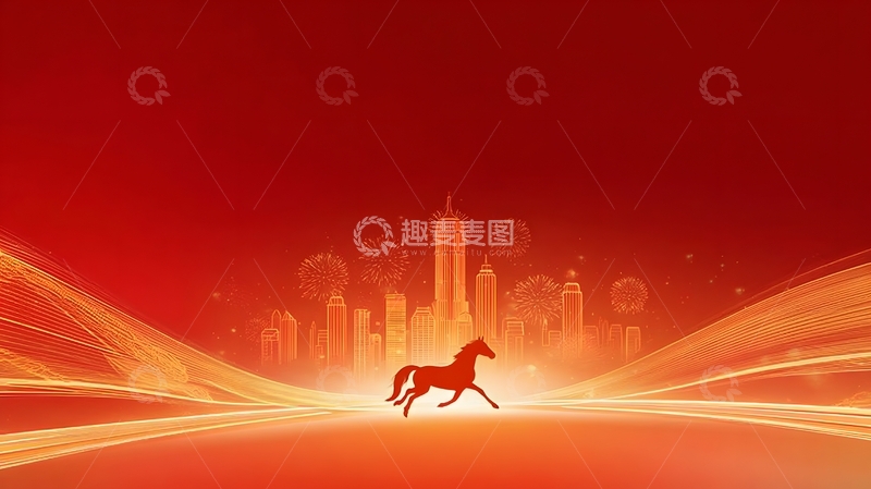高清大图下载【趣麦麦图】红色骏马城市庆典背景图