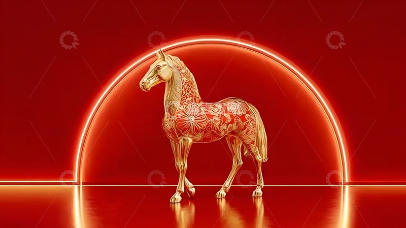 高清大图下载【趣麦麦图】红色背景金饰马雕塑