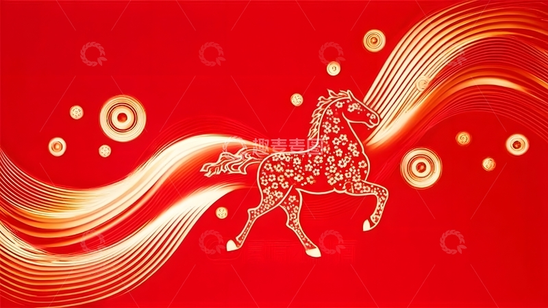 高清大图下载【趣麦麦图】-红金色骏马喜庆图案设计
