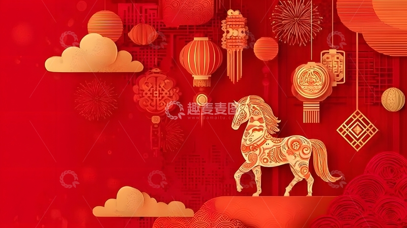 高清大图下载【趣麦麦图】喜庆中国风春节马年装饰插画
