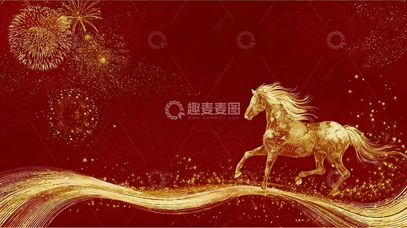 高清大图下载【趣麦麦图】金色骏马喜庆背景图