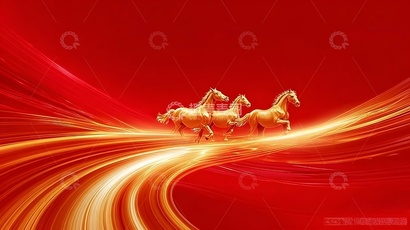 高清大图下载【趣麦麦图】金马奔腾红色背景装饰画