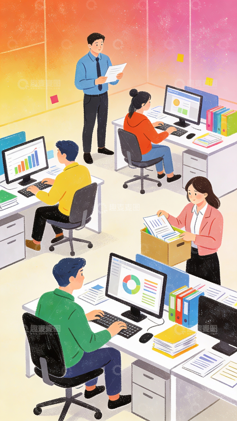 源文件下载【趣麦麦图】渐变手绘风格办公室工作场景1