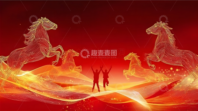 高清大图下载【趣麦麦图】-红色骏马奔腾艺术背景