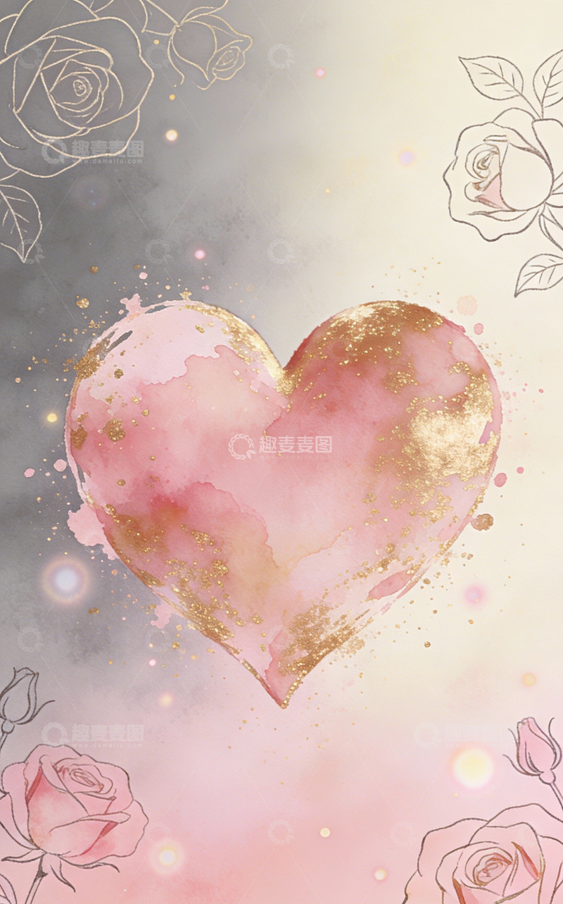 高清大图下载【趣麦麦图】水彩心形玫瑰浪漫壁纸