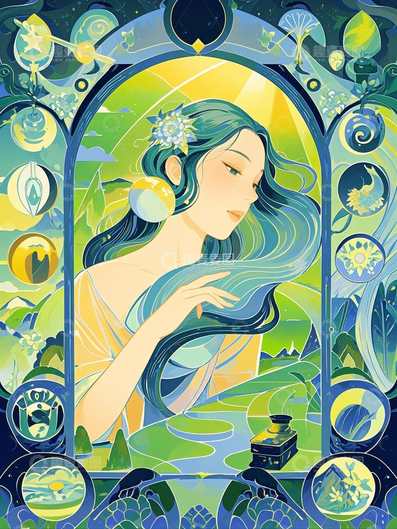 高清大图下载【趣麦麦图】琉璃拱窗边的青发少女