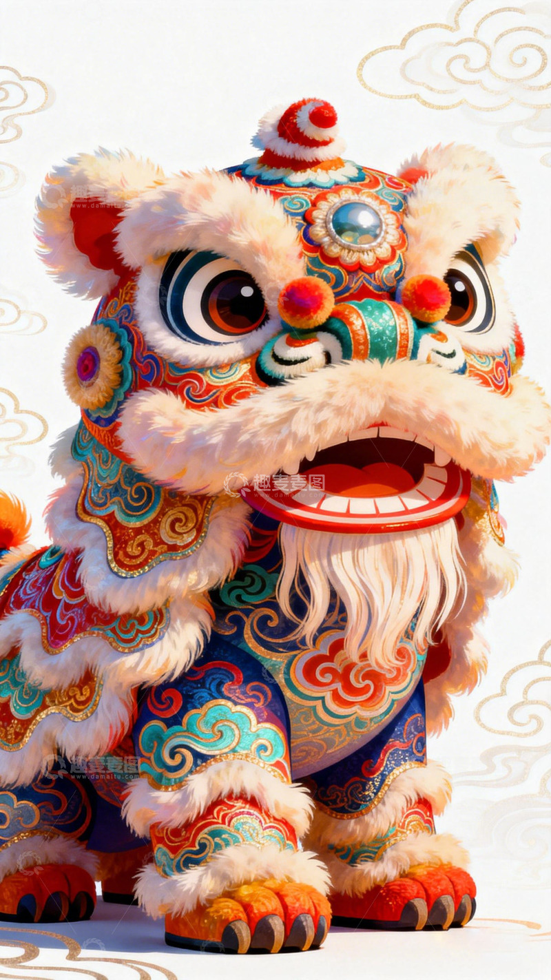 高清大图下载【趣麦麦图】绚丽舞狮卡通图案