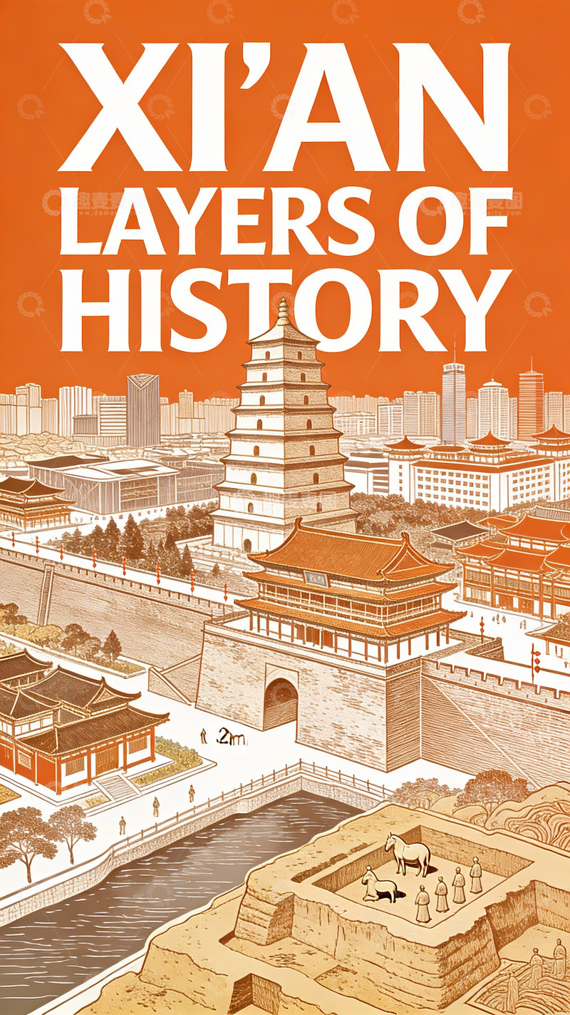 高清大图下载【趣麦麦图】古城墙下的西安历史层叠绘