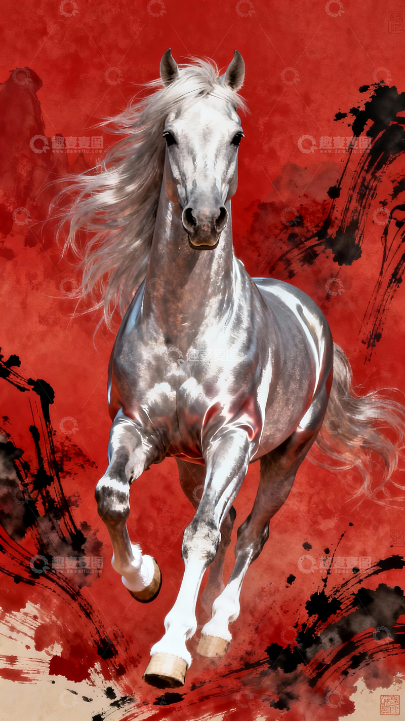 源文件下载【趣麦麦图】水墨意境银色骏马1