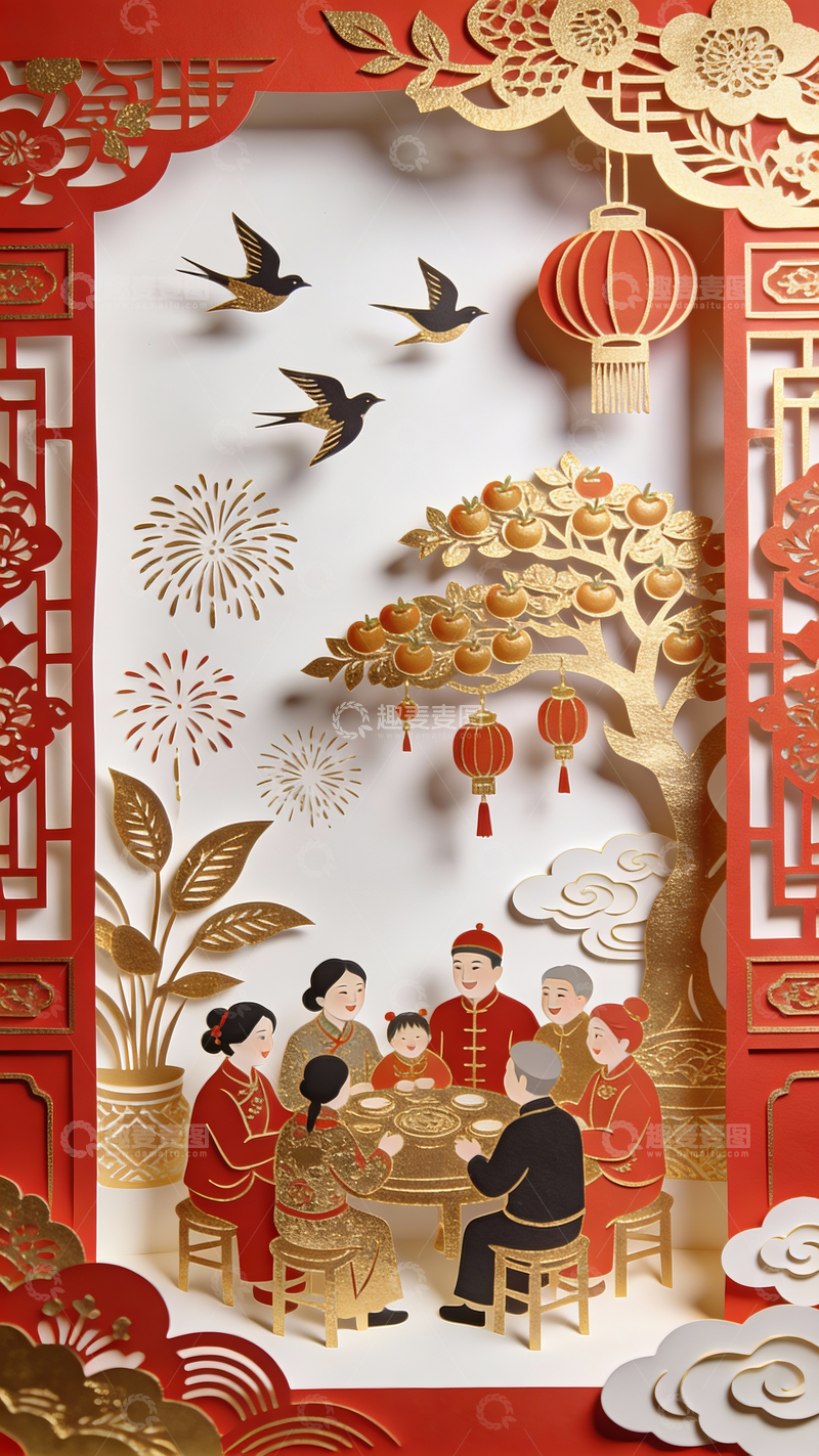 源文件下载【趣麦麦图】剪纸艺术春节家人团聚7