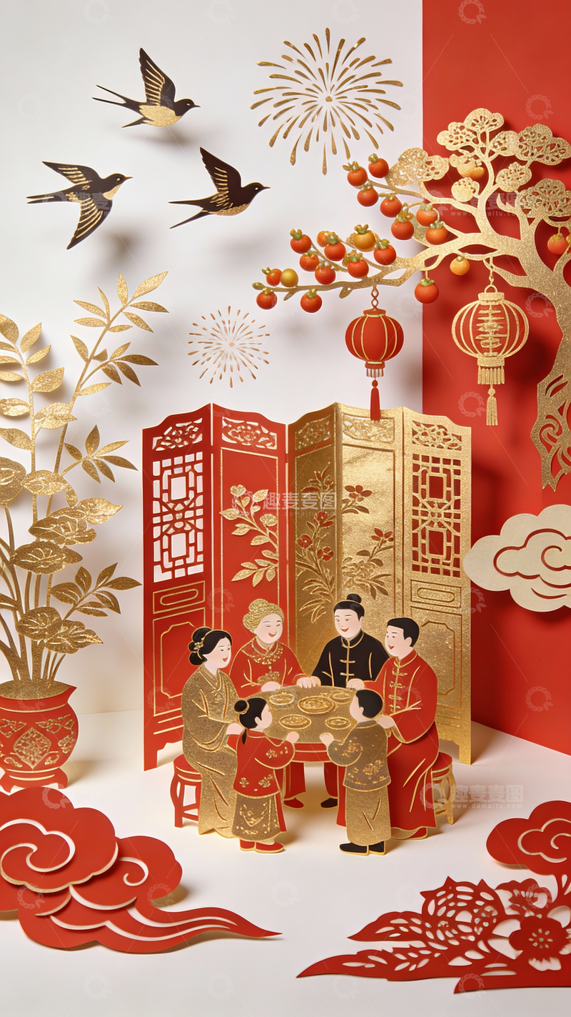源文件下载【趣麦麦图】剪纸艺术春节家人团聚8