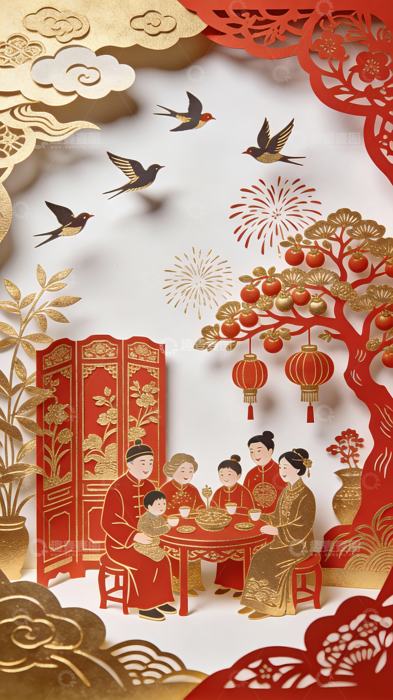 源文件下载【趣麦麦图】剪纸艺术春节家人团聚5