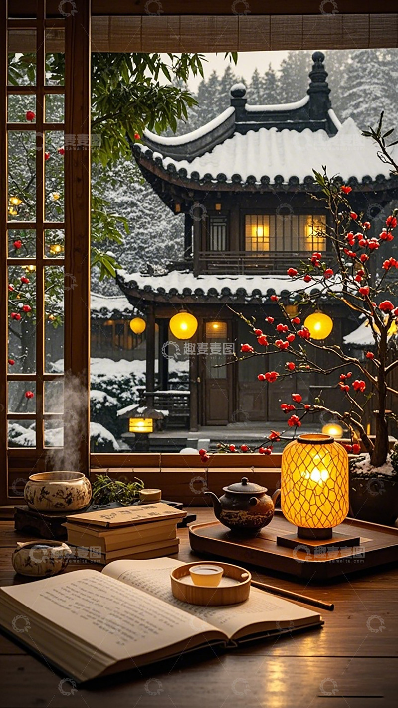 高清大图下载【趣麦麦图】古风雪景书房茶韵