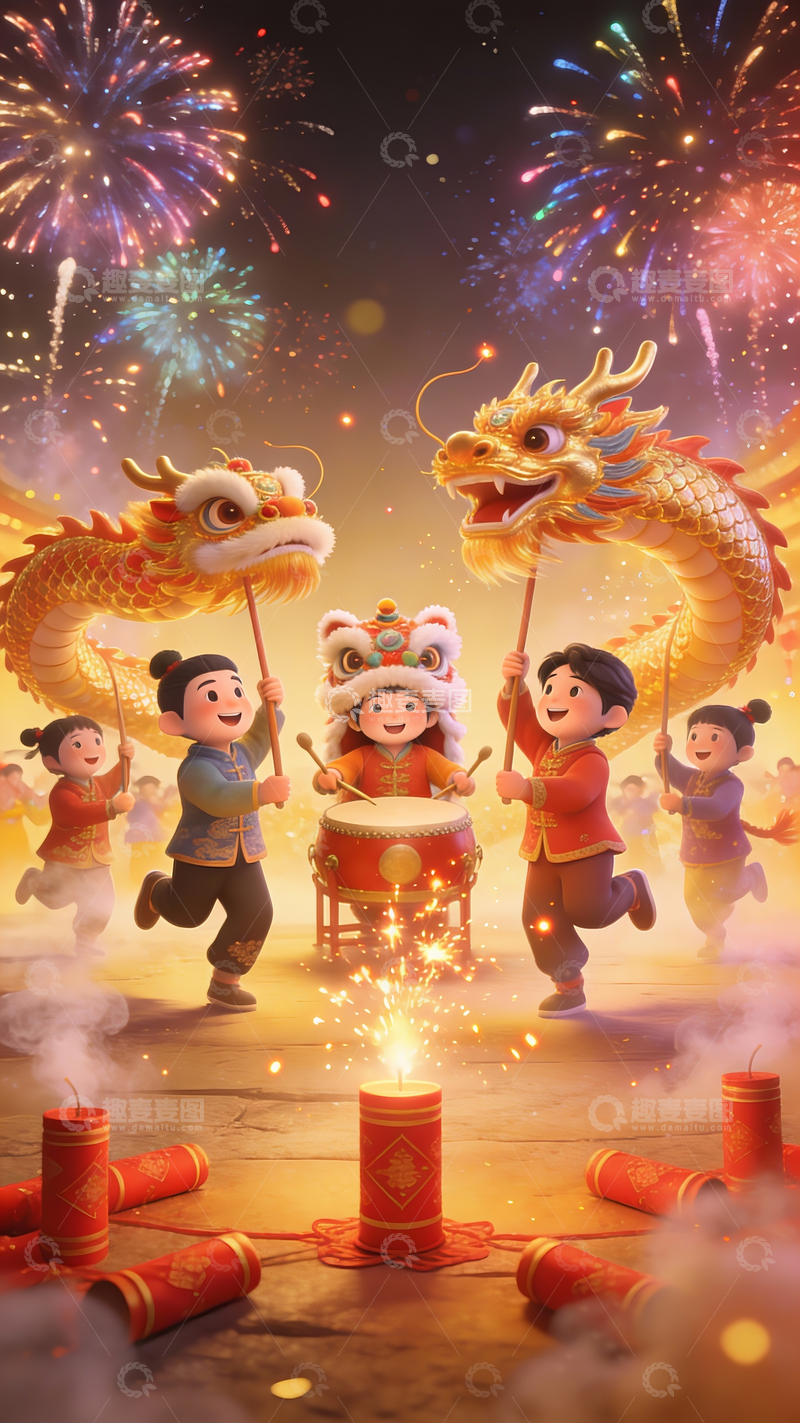 源文件下载【趣麦麦图】3d卡通除夕夜舞龙场景3