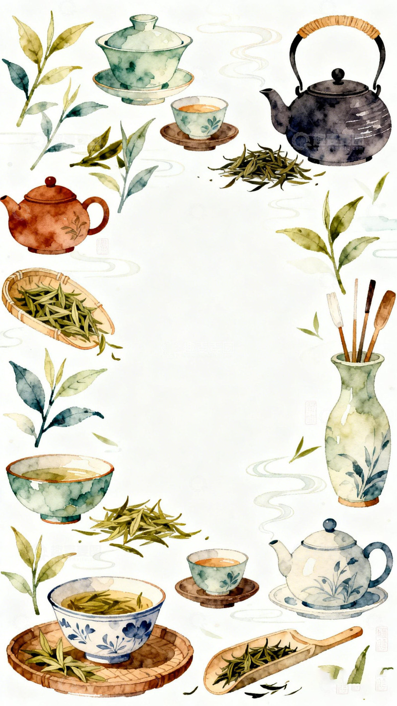 高清大图下载【趣麦麦图】水彩茶韵茶具插画设计素材