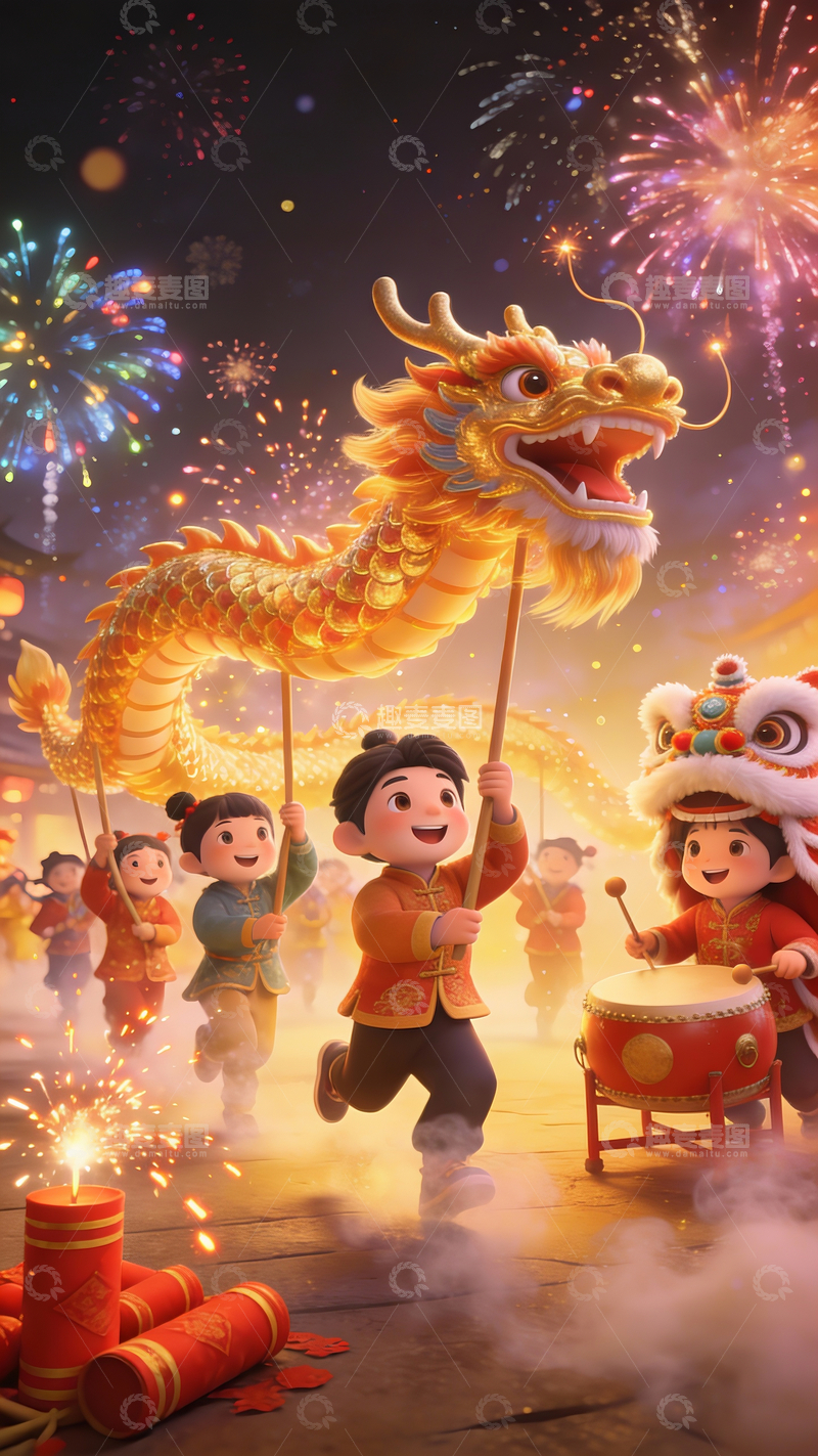源文件下载【趣麦麦图】3d卡通除夕夜舞龙场景1