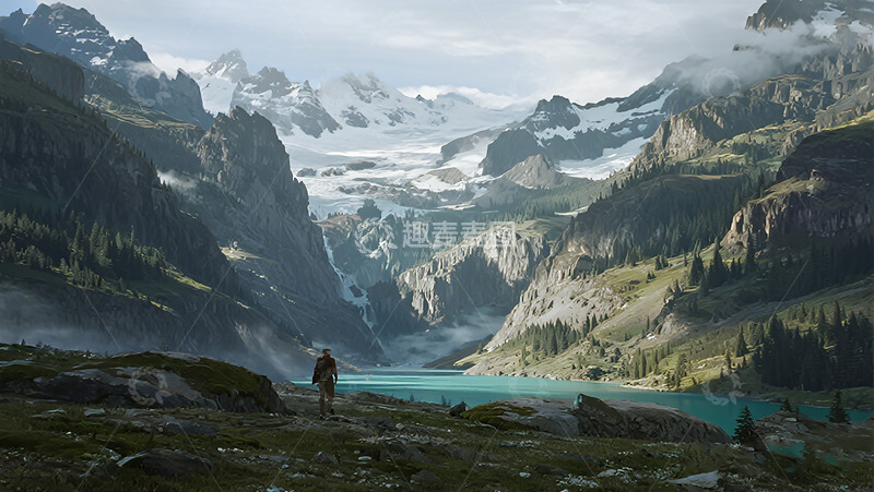 高清大图下载【趣麦麦图】高山湖泊探险风光绘画