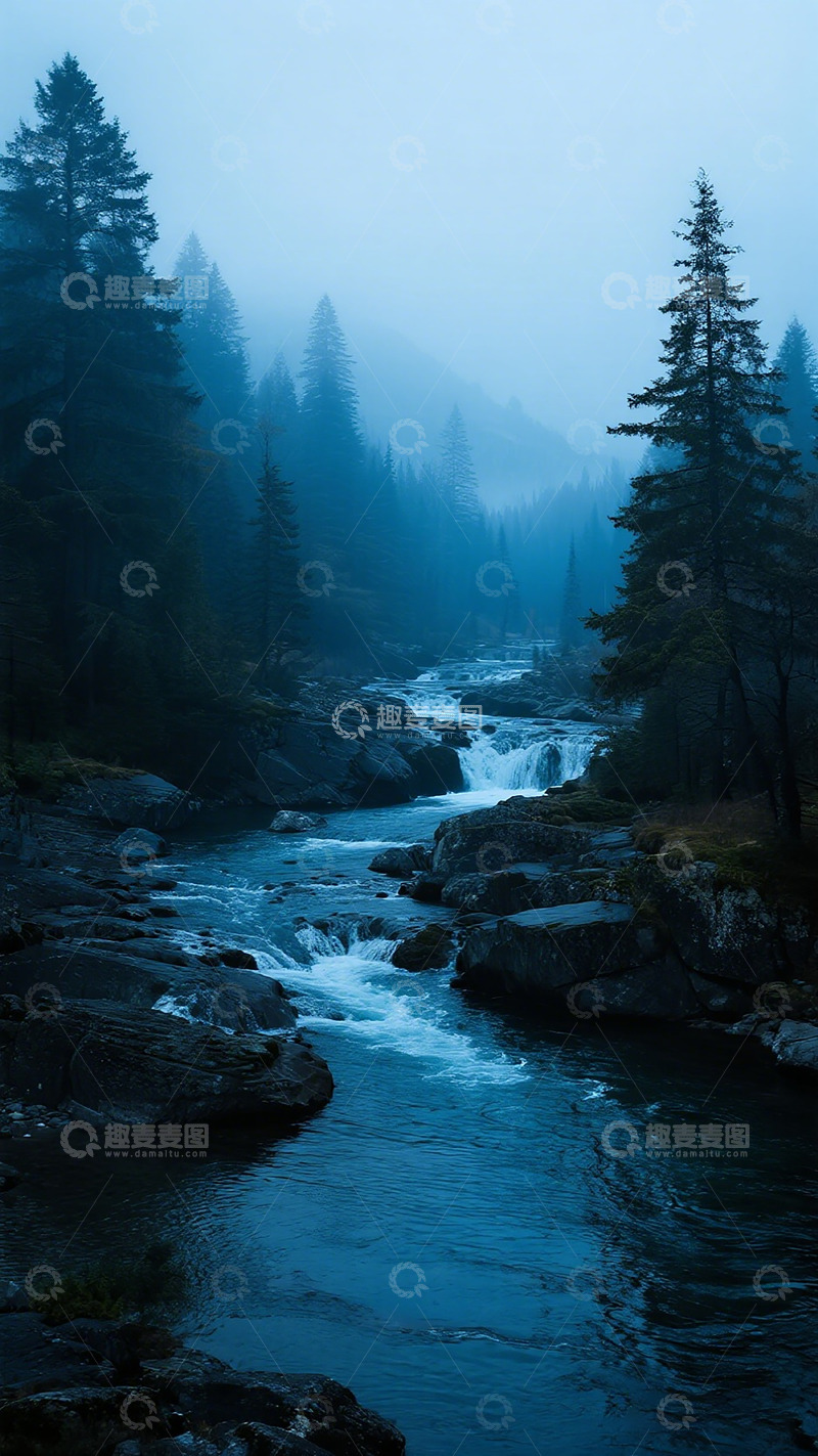 高清大图下载【趣麦麦图】森林溪流雾霭风景图