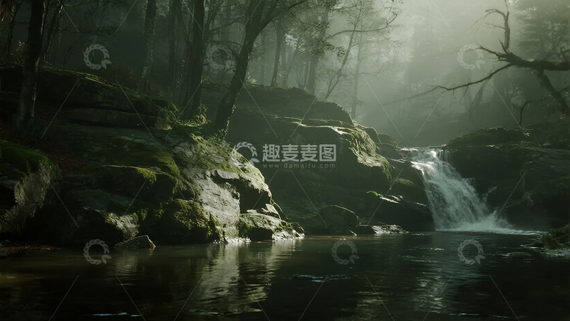 高清大图下载【趣麦麦图】神秘森林瀑布风光摄影图片