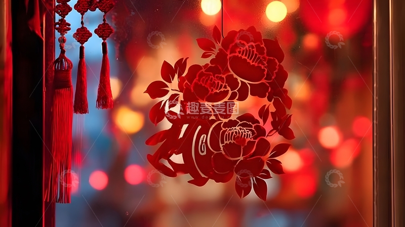 高清大图下载【趣麦麦图】红色剪纸花卉装饰节日场景