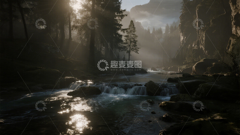 高清大图下载【趣麦麦图】森林溪流光影风景画