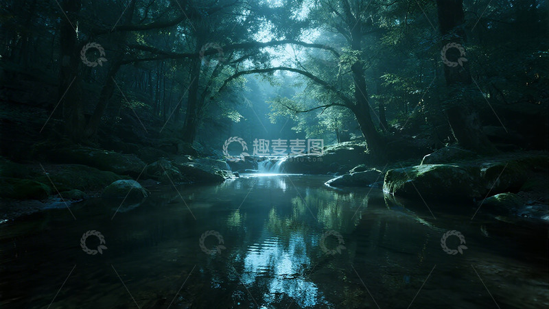 高清大图下载【趣麦麦图】森林溪流神秘光影