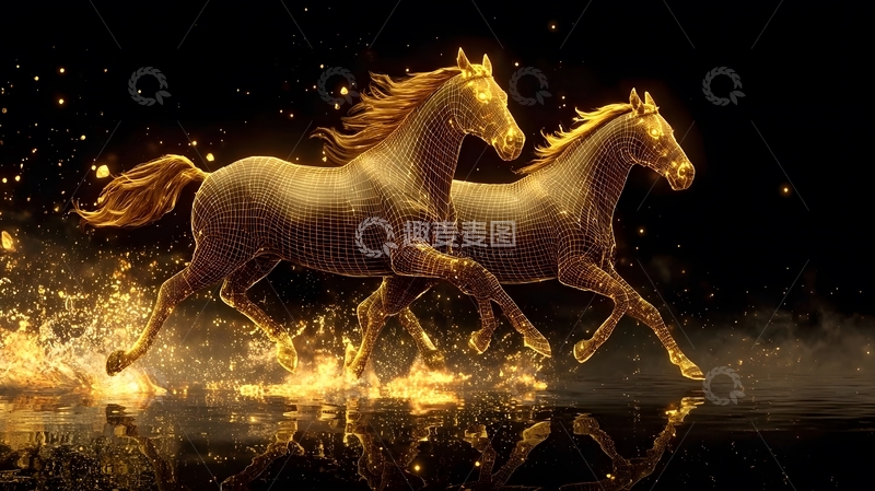 高清大图下载【趣麦麦图】金色骏马科技风数字艺术