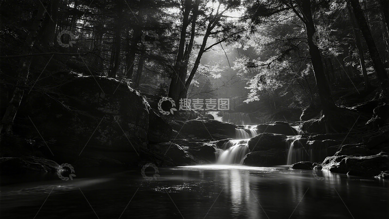 高清大图下载【趣麦麦图】黑白森林瀑布风光摄影作品