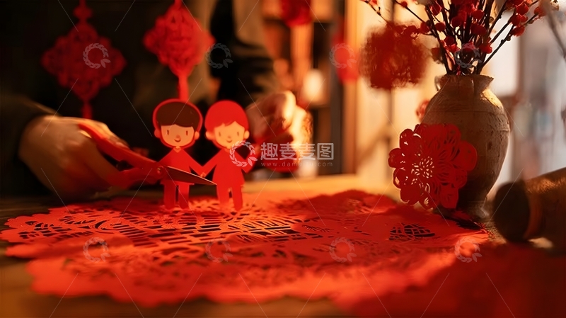 高清大图下载【趣麦麦图】剪纸艺术春节人物装饰场景