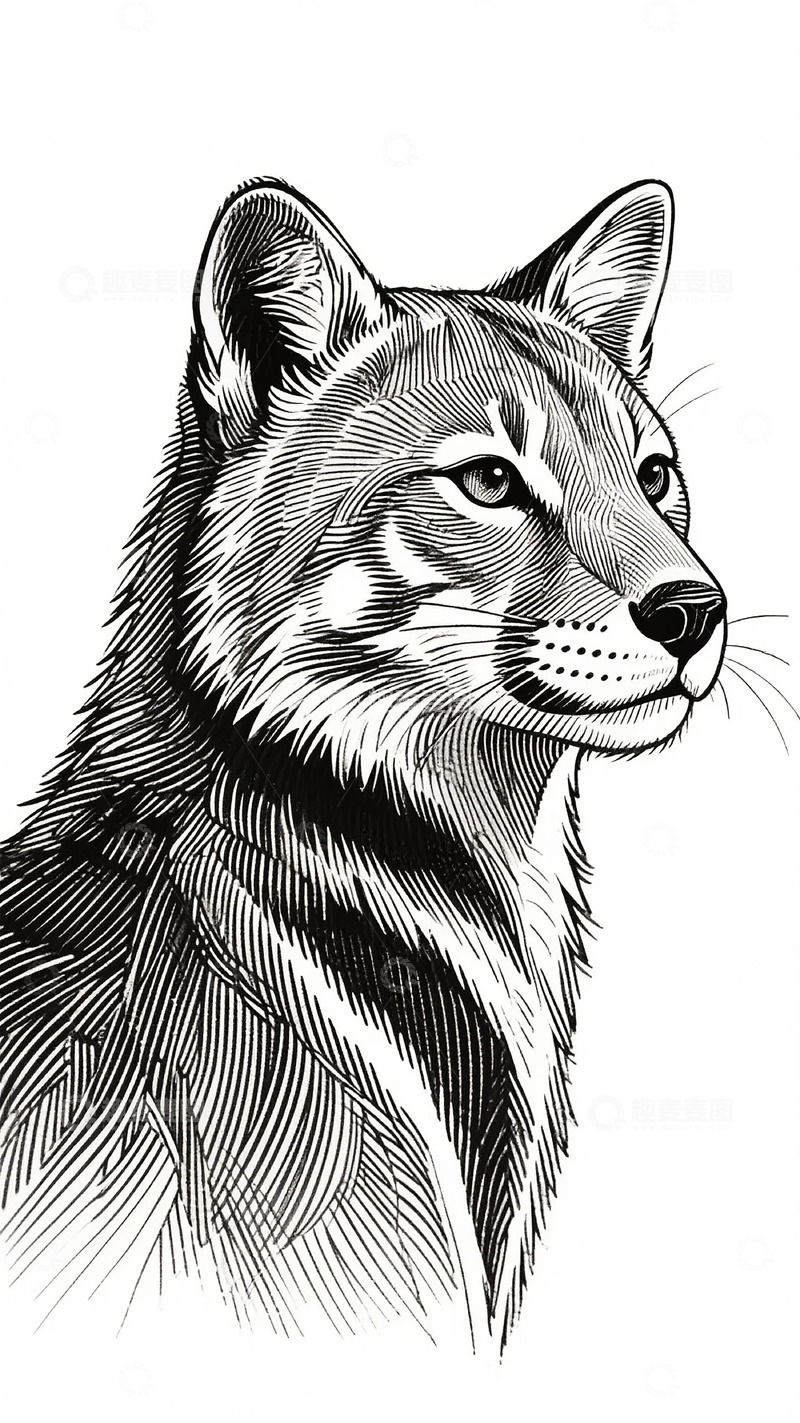 高清大图下载【趣麦麦图】黑白线描狐狸肖像艺术插图