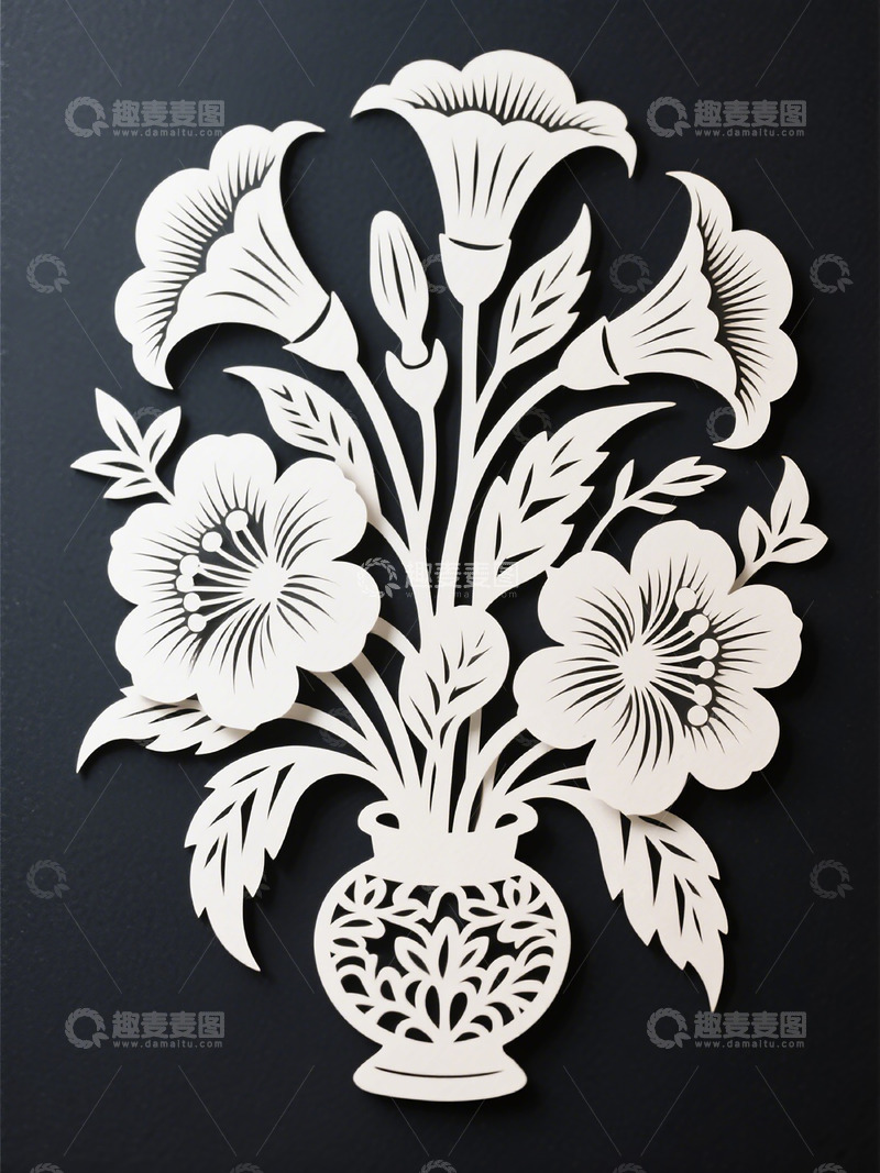 高清大图下载【趣麦麦图】剪纸花瓶花卉装饰图案