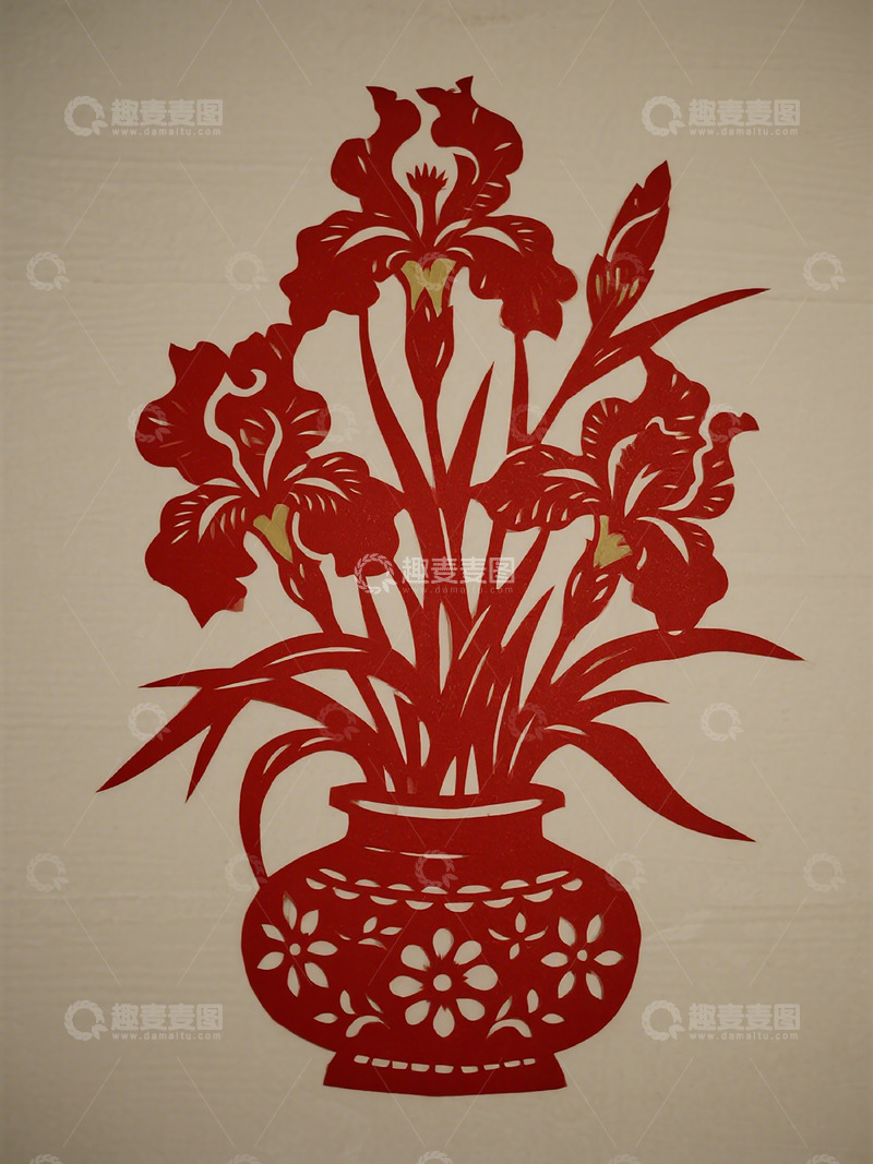 高清大图下载【趣麦麦图】剪纸花瓶花卉图案装饰素材