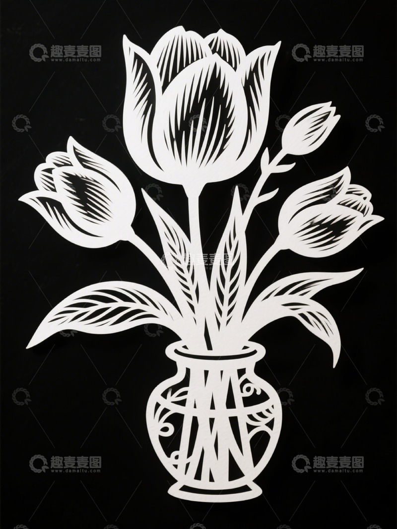 高清大图下载【趣麦麦图】黑白剪纸花瓶花卉图案