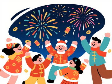 欢乐春节烟花庆祝插画