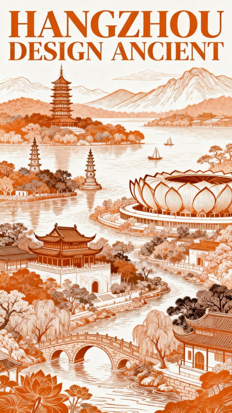 高清大图下载【趣麦麦图】古韵杭州风景插画设计素材