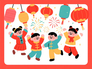 卡通春节欢乐灯笼庆祝插画