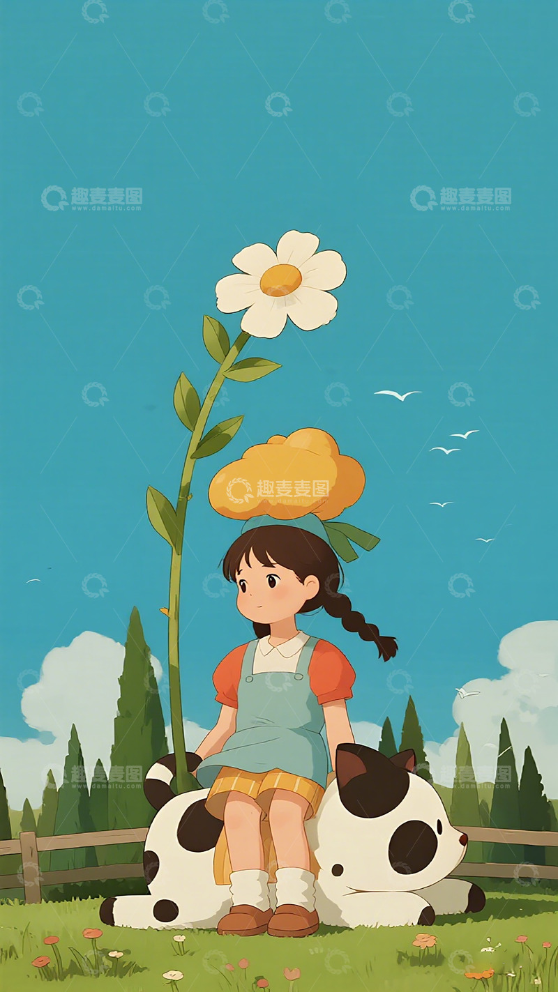 高清大图下载【趣麦麦图】田园风女孩与动物插画