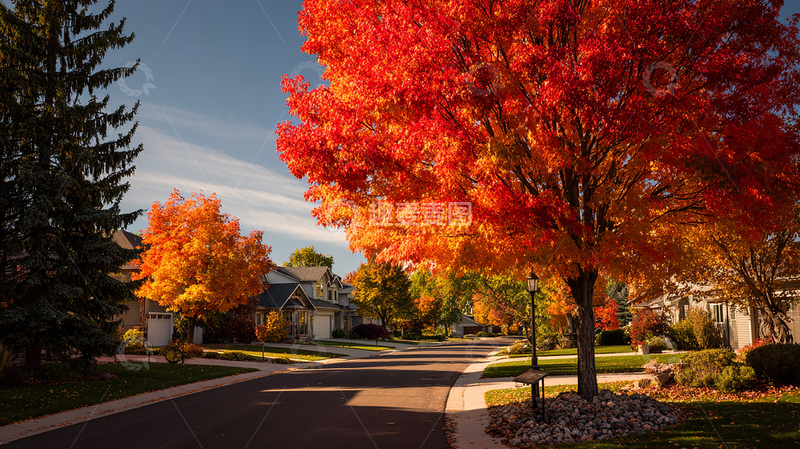 高清大图下载【趣麦麦图】秋日街景红叶纷飞