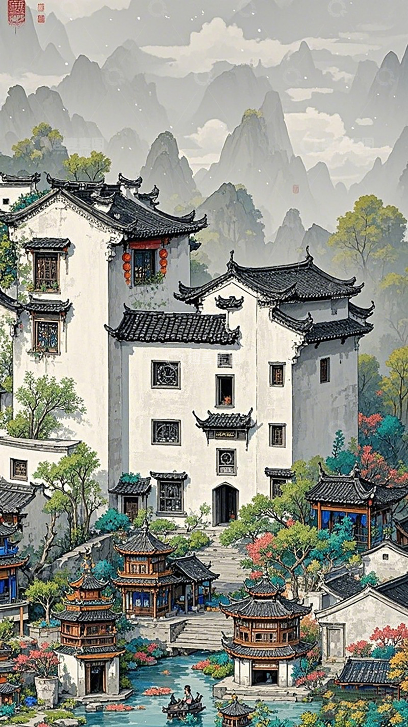 高清大图下载【趣麦麦图】古风水墨山水画古建筑风景