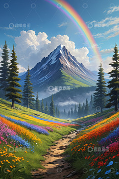 山间彩虹下的花草小径风景
