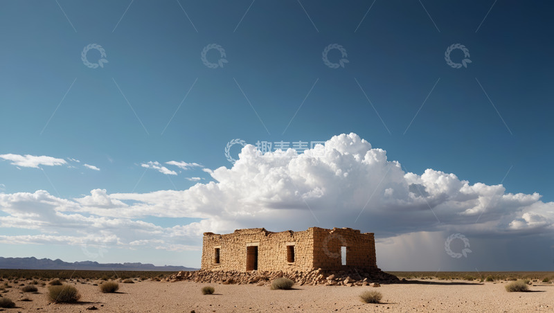 高清大图下载【趣麦麦图】沙漠中的废弃建筑与蓝天白云
