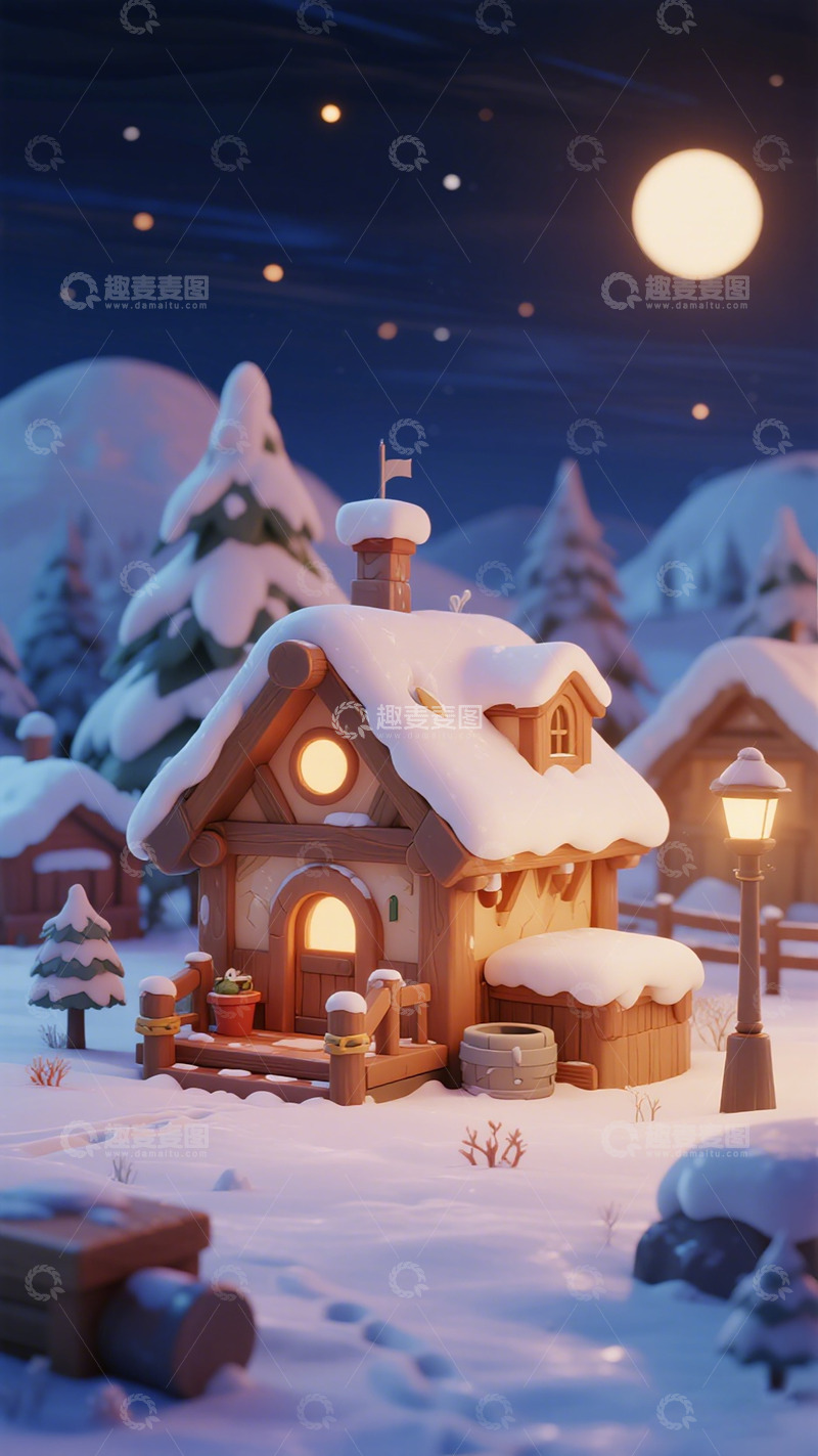 高清大图下载【趣麦麦图】雪夜木屋温馨场景