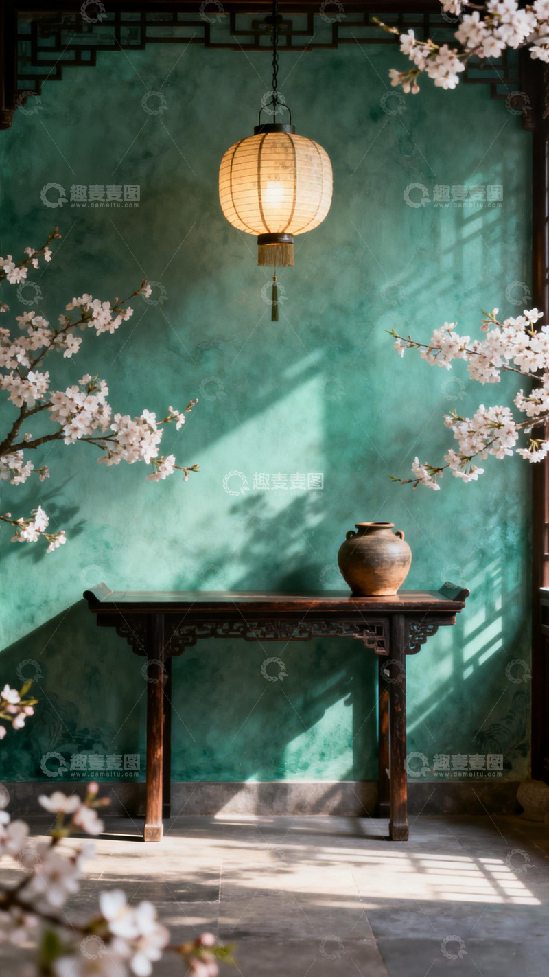 高清大图下载【趣麦麦图】古风室内樱花陶罐灯笼场景
