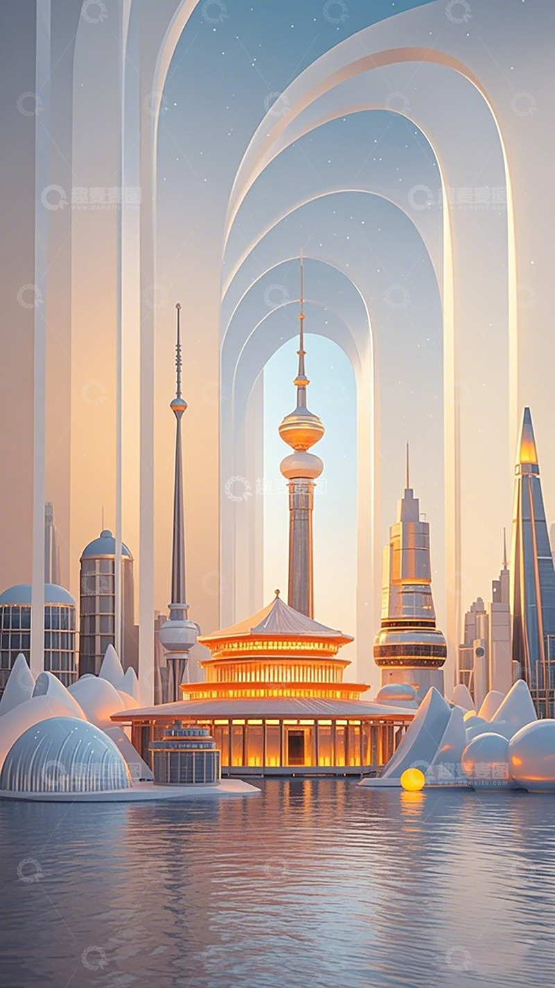 高清大图下载【趣麦麦图】未来都市梦幻建筑插画