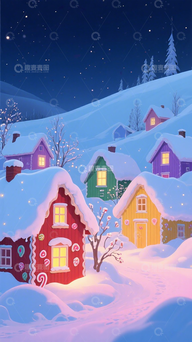 高清大图下载【趣麦麦图】童话风雪夜村庄插画