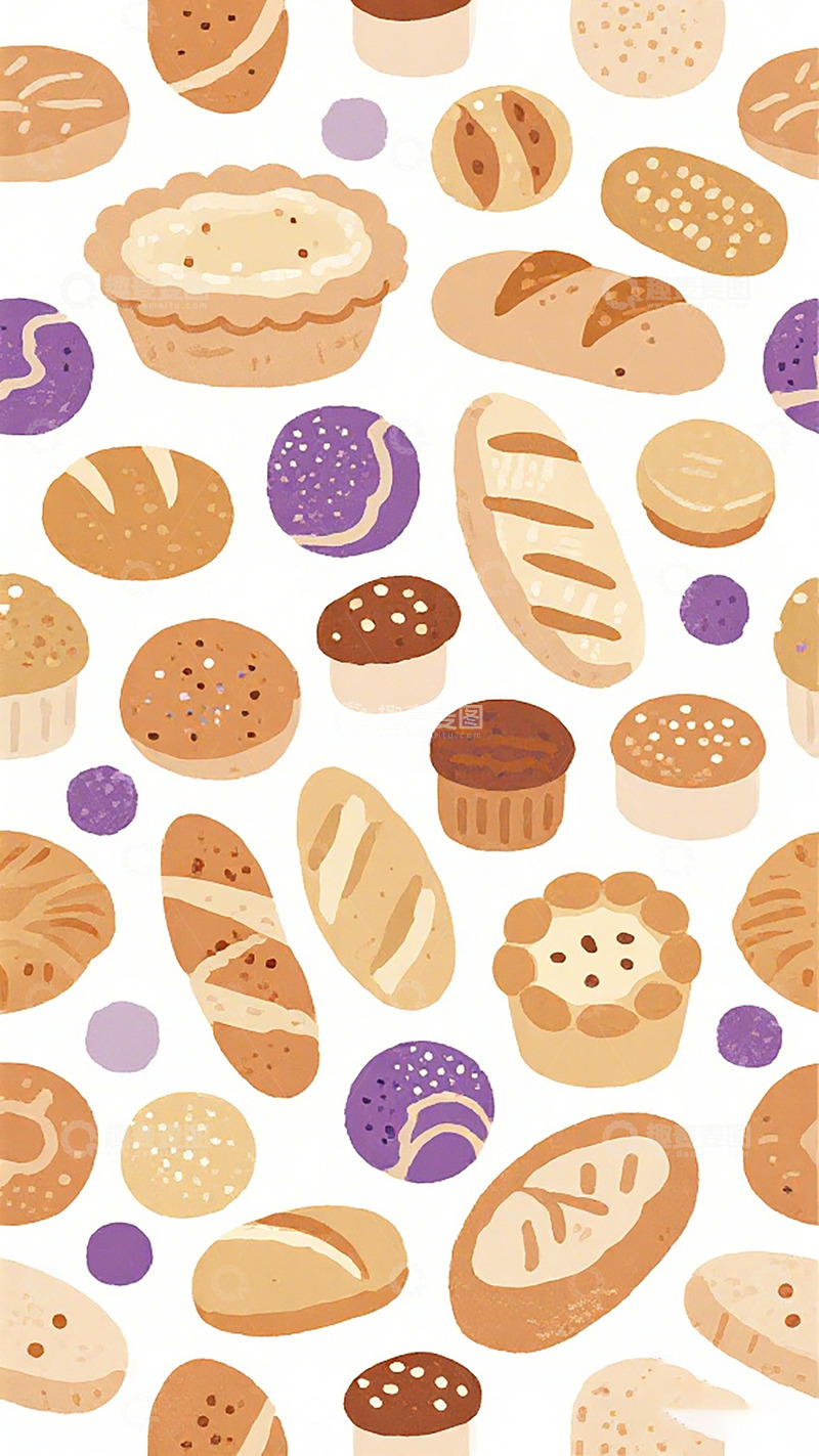 高清大图下载【趣麦麦图】面包糕点卡通背景插画
