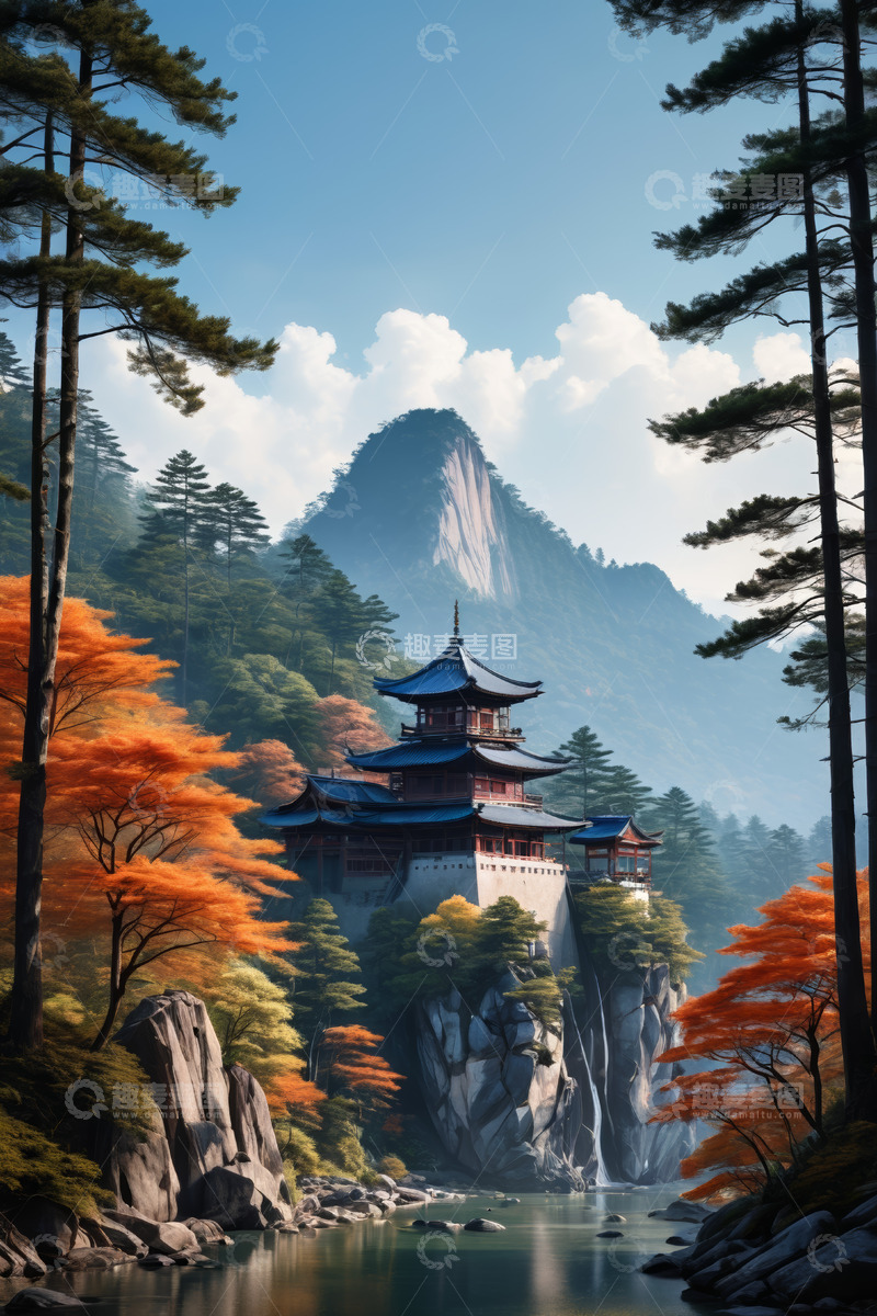 高清大图下载【趣麦麦图】山林间中式古建筑风景