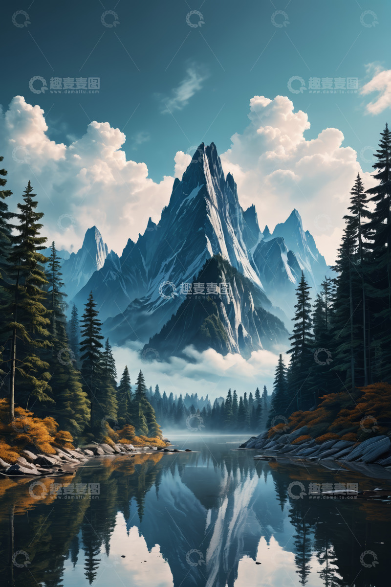 高清大图下载【趣麦麦图】山林间的巍峨山峰与宁静湖水