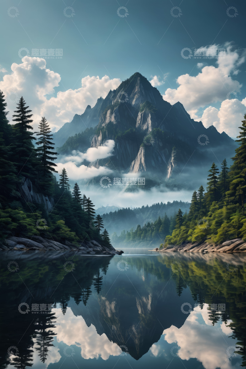 高清大图下载【趣麦麦图】山林间的宁静湖泊与巍峨山脉